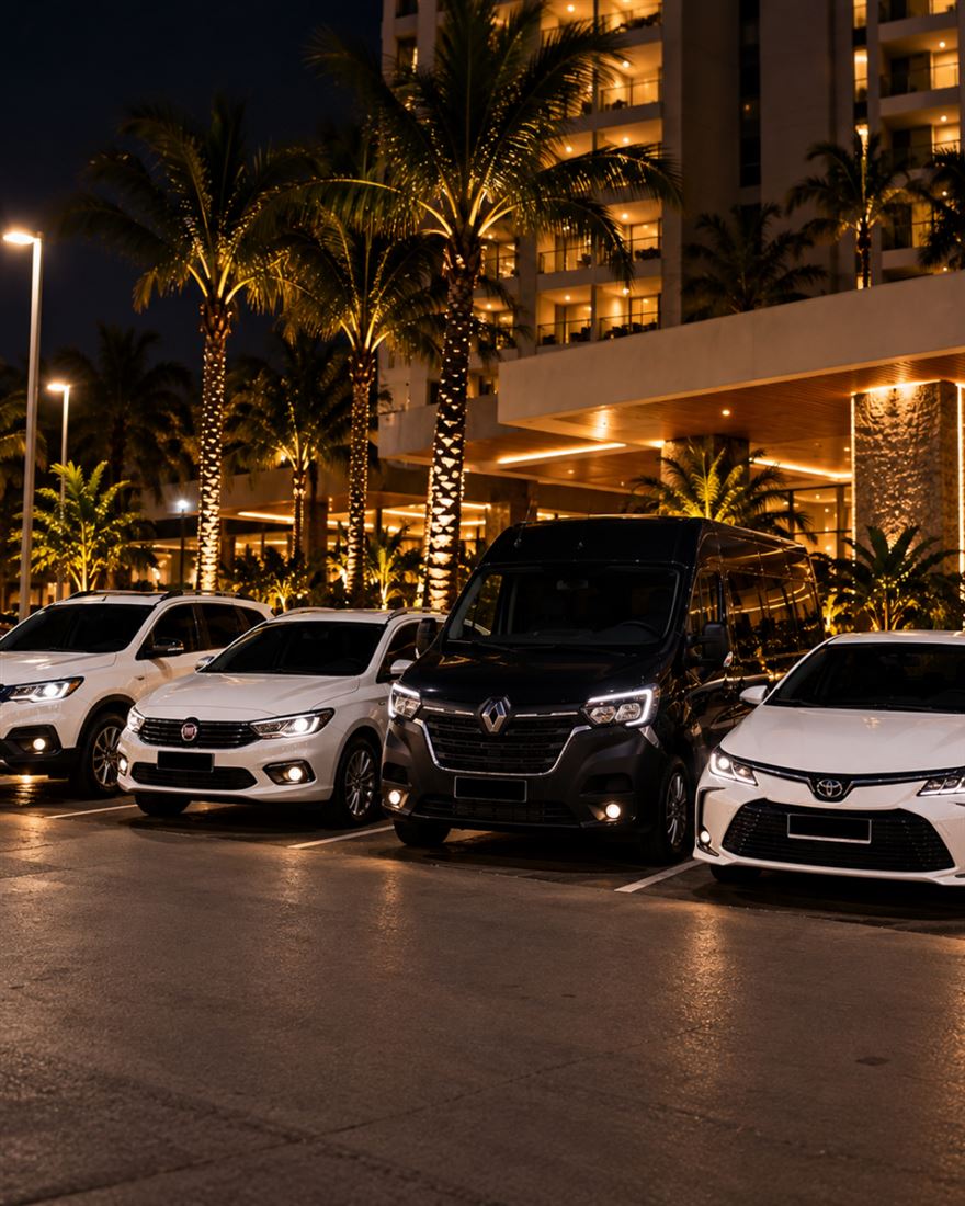 Frota da Prime Transfer — Spin, Cronos, van executiva e Corolla em frente a resort em Caldas Novas e Rio Quente